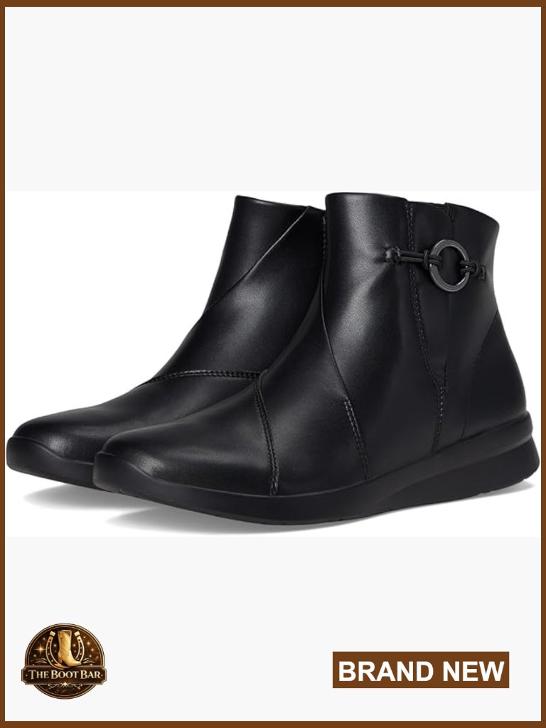 Black Ankle Bootie With Hardware Detail, Cushioned Comfort, Stretch Gore, Tr
